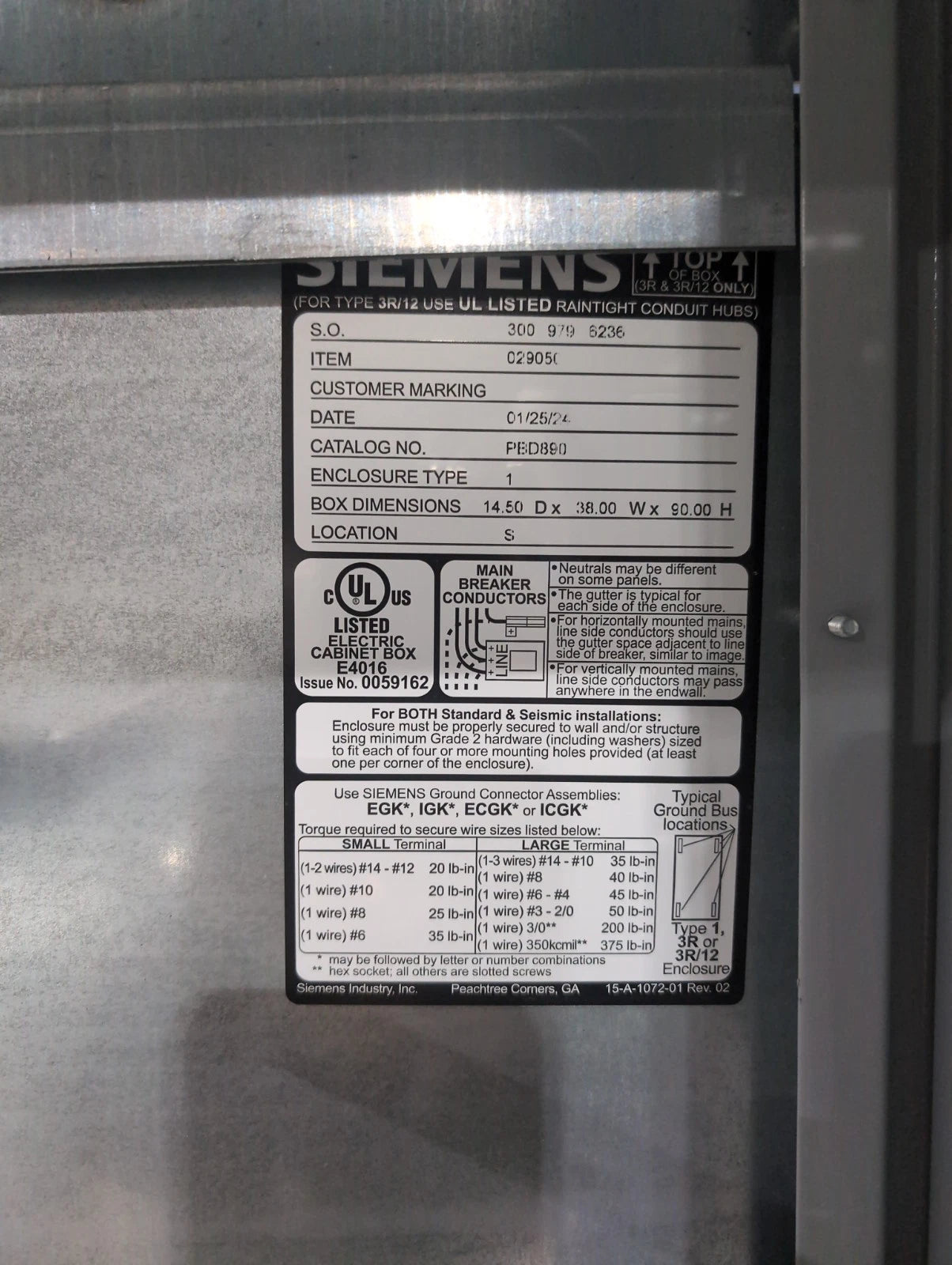 Siemens P5E90ML120ATS P5 Panelboard 1200A 480/277V 3PH 4W MLO Panel 1200 Amp New New