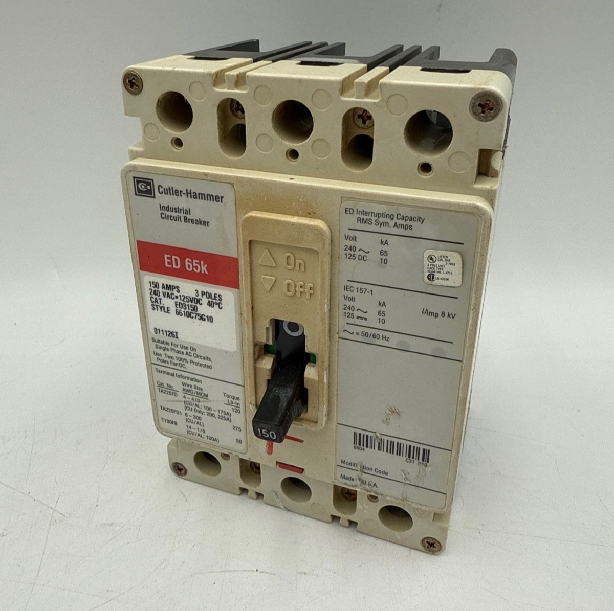 Cutler Hammer ED3150 Circuit Breaker 150A 3P 240V 3PH ED 65k 150 Amp 3 Pole Used