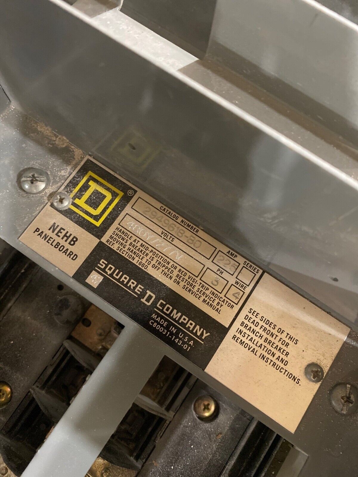 Square D NEHB Panelboard 225A 480/277V 3PH 4W Indoor Encl 42 Cir Main Lug MLO P654 Used