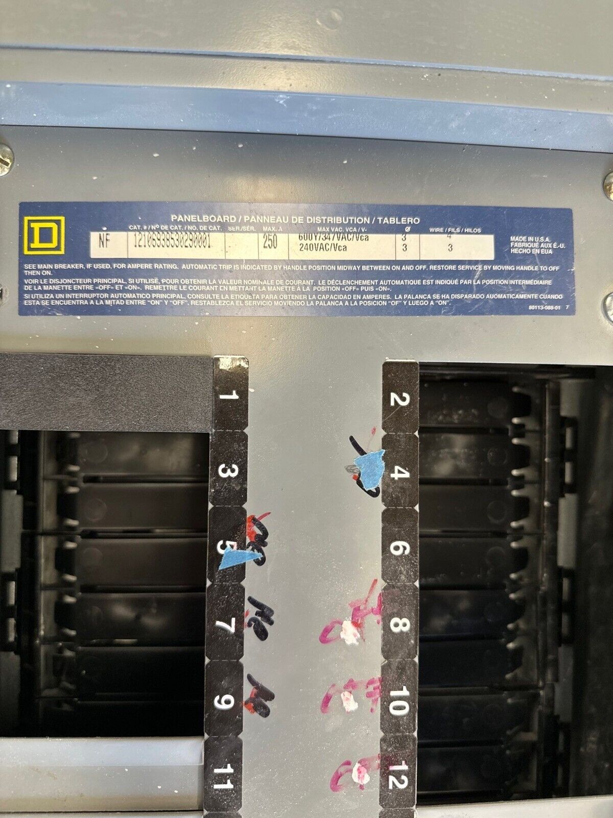 Square D NF Panelboard 250A 600Y/347V 3PH 4W 42 Circuit Indoor Encl 250 Amp MLO P355 Used