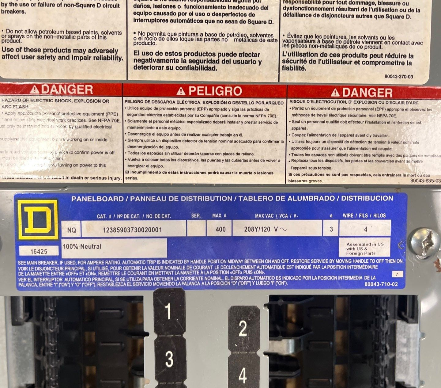 Square D NQ Panelboard 400A 208/120V 3PH 4W MLO 42 Circuit Indoor Encl MH50 Used