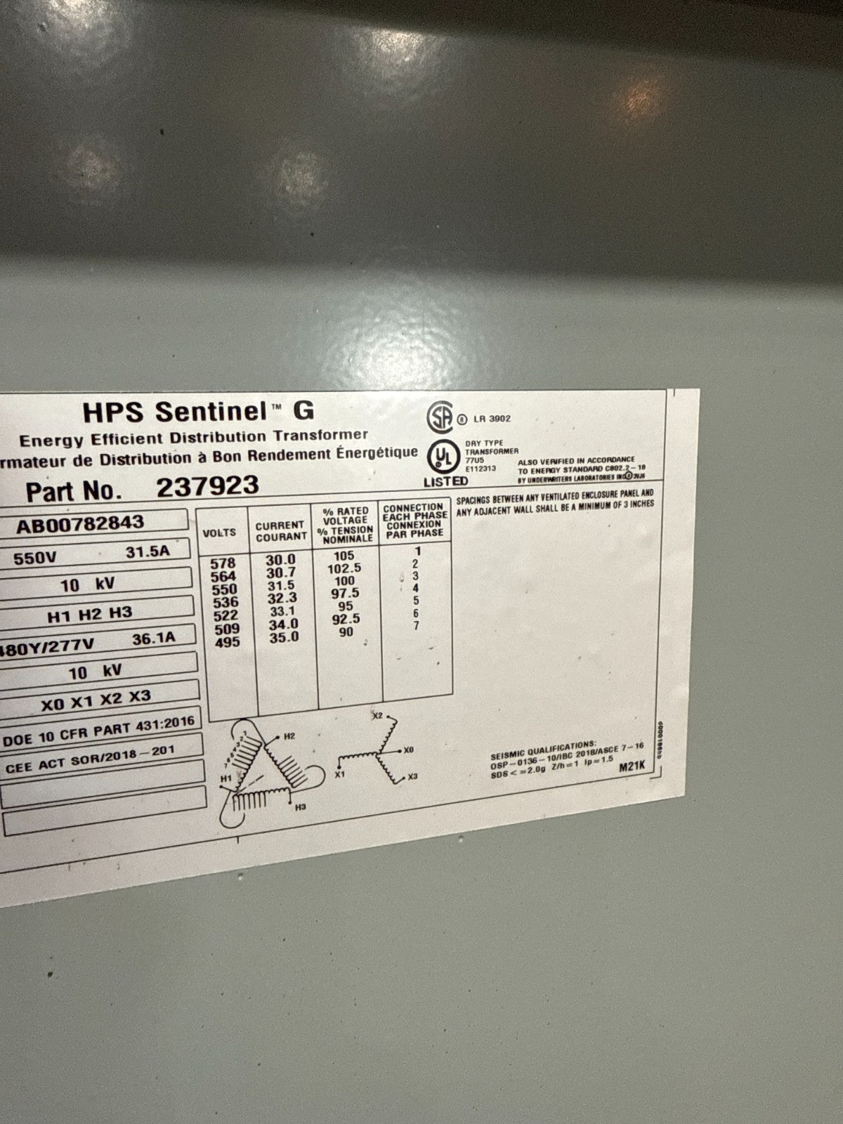 30 KVA Hammond 237923 Transformer Pri 550V Sec 480/277V 3PH 3R Encl New