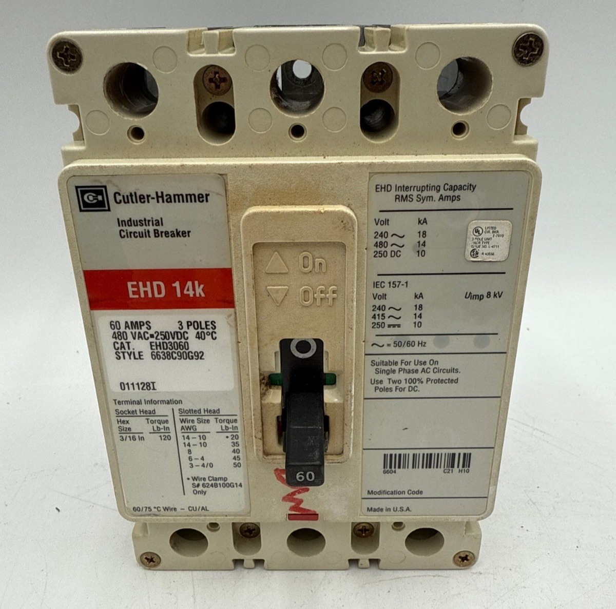 Cutler Hammer EHD3060 Circuit Breaker 60A 3P 480V 3PH EHD 14k 60 Amp 3 Pole Used