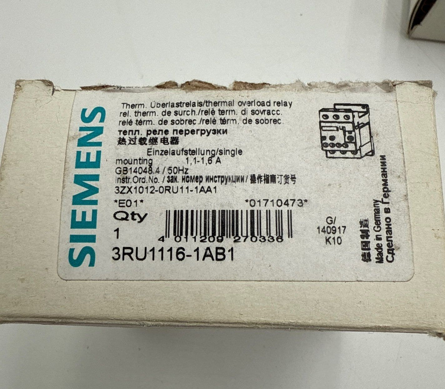 SIEMENS 3RU1116-1AB1 Thermal Overload Relay 1.1-1.6A 3P Class 10 New