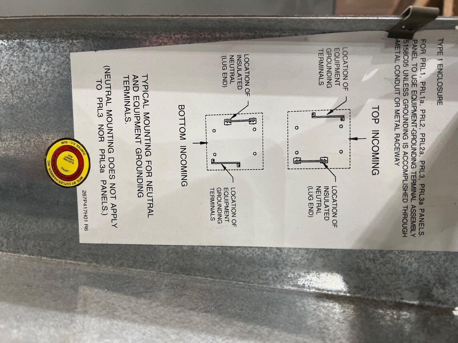 CH PRL2A Panelboard 225A 480/277V 3PH 4W 42 Circuit MLO Main Lug Indoor 225 Amp P679 Used