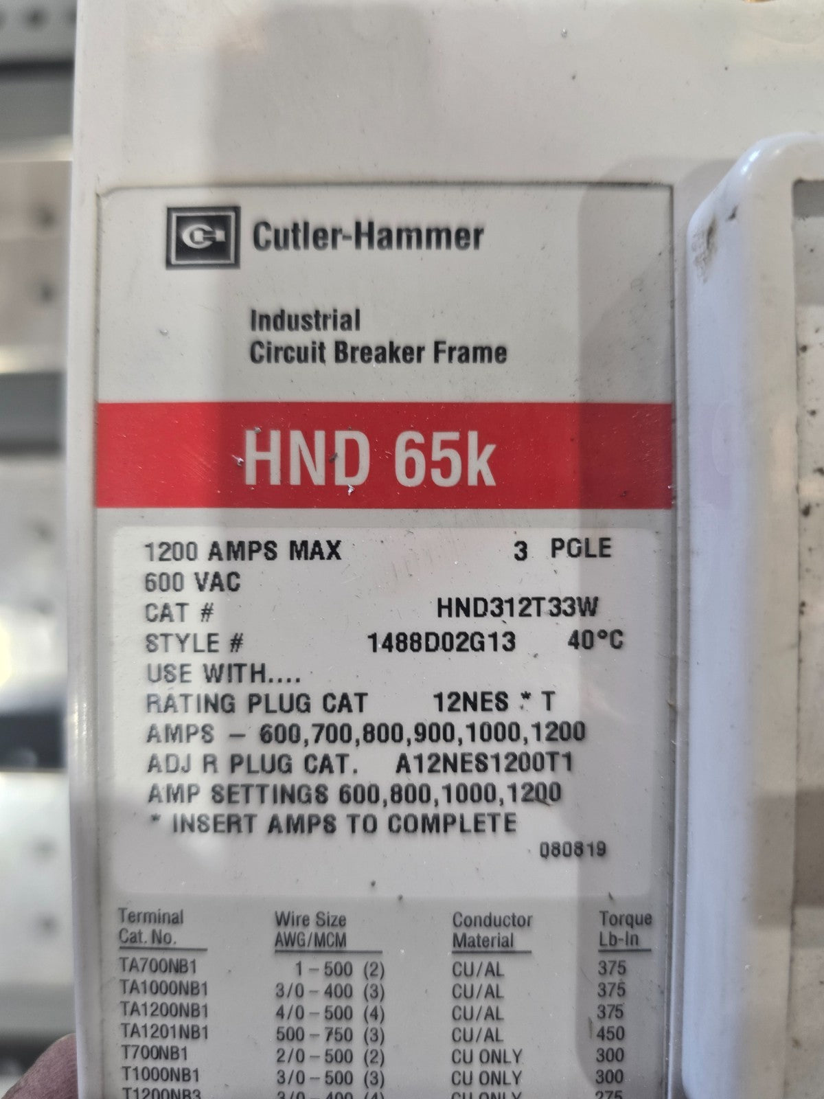 Eaton PRL4 Panelboard 1200A 480V 3PH 3W MCB Panel 1200 Amp HND312T33W Indoor Used