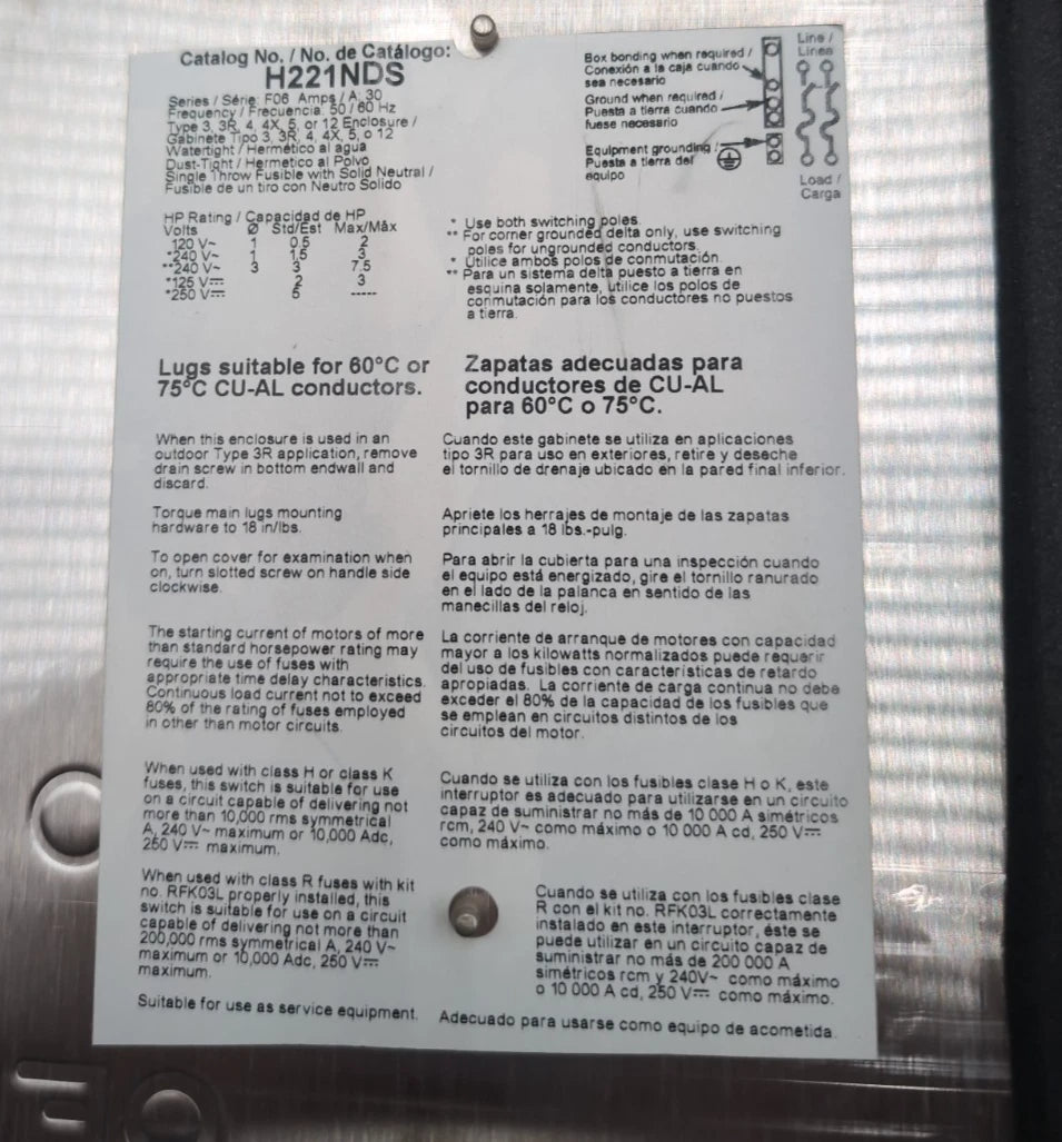 SQ D H221NDS Safety Disconnect Switch 30A 2P 240V 4X Encl Stainless New No Box New