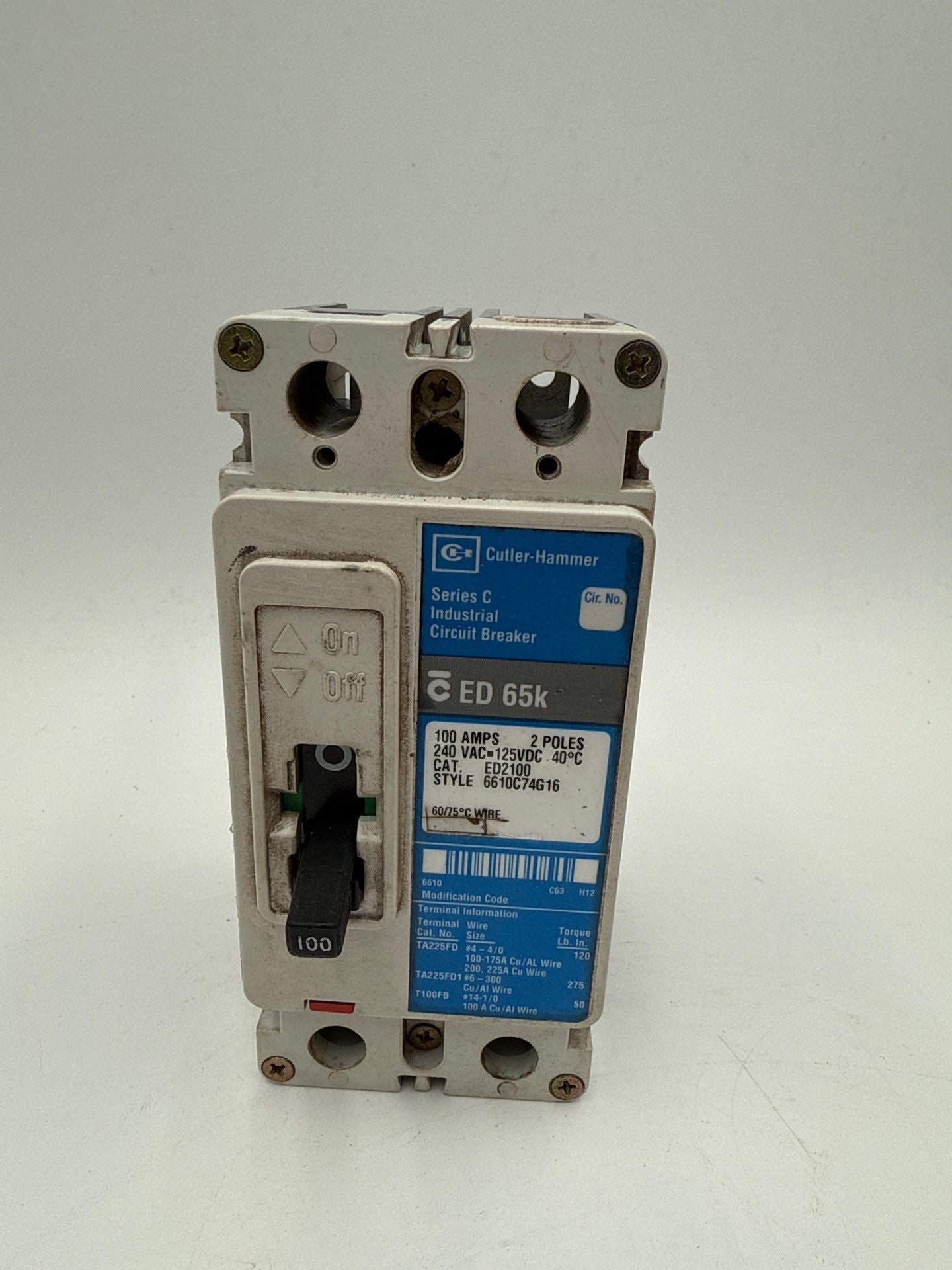 Cutler Hammer ED2100 Circuit Breaker 100A 2P 240V ED 65k 100 Amp 2 Pole Used