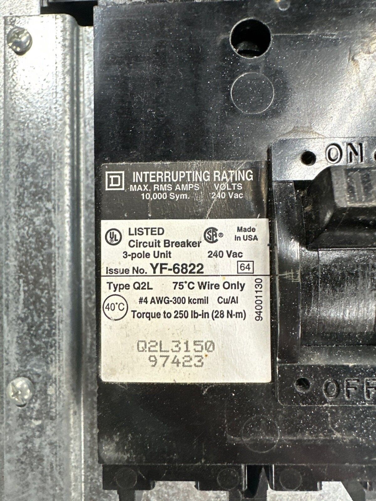 Square D NQOD442M225 NQOD Panelboard 225A 208Y/120V 3PH 4W MCB Main Q2L3150 150A P417 Used