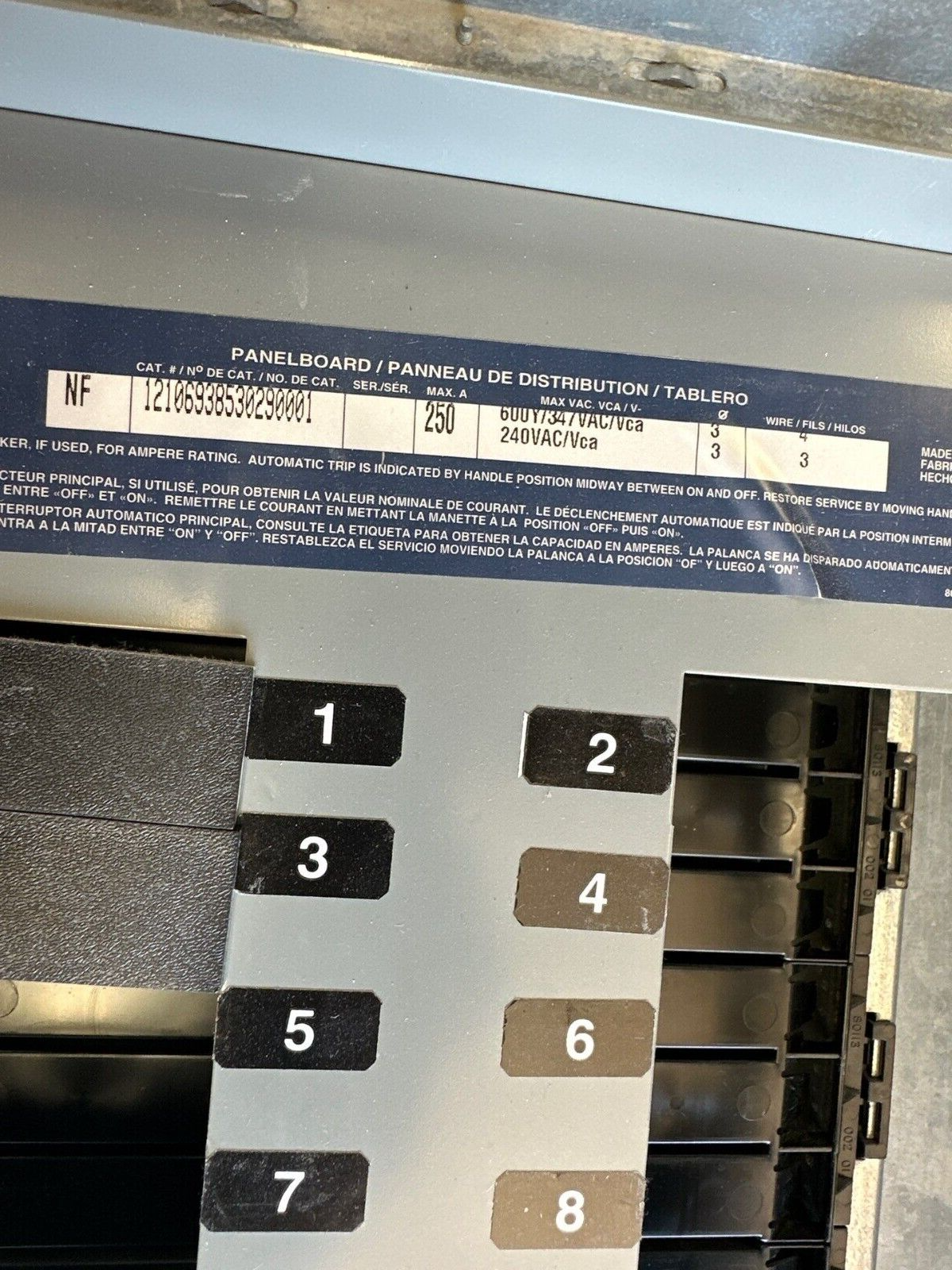 Square D NF Panelboard 250A 600Y/347V 3PH 4W Indoor Encl Main Lug 42 Circuit MLO P328 Used