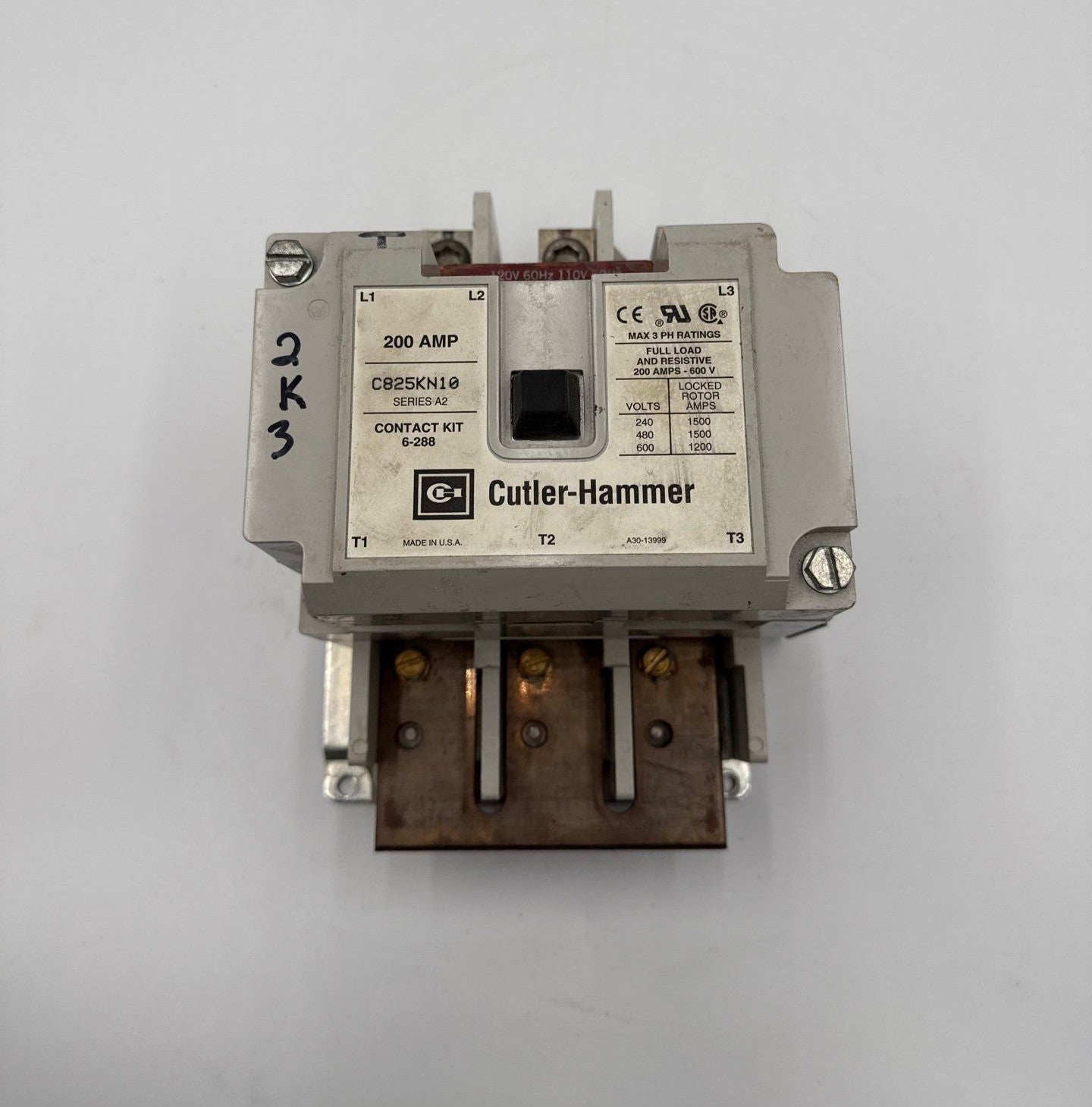 Cutler-Hammer C825KN10 Contactor 200A 3P 600V 3PH Ser A2 Coil 110/120V Used