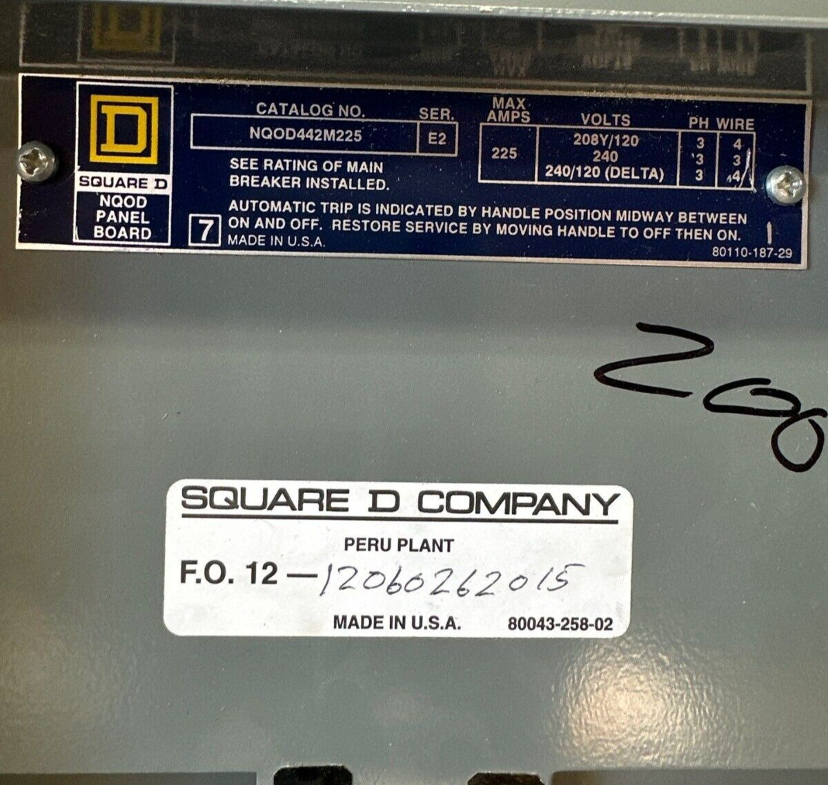 Square D NQOD442M225 Panelboard 225A 208/120V 3PH MCB Indoor Encl 42 Cir Q2L3200 P369 Used