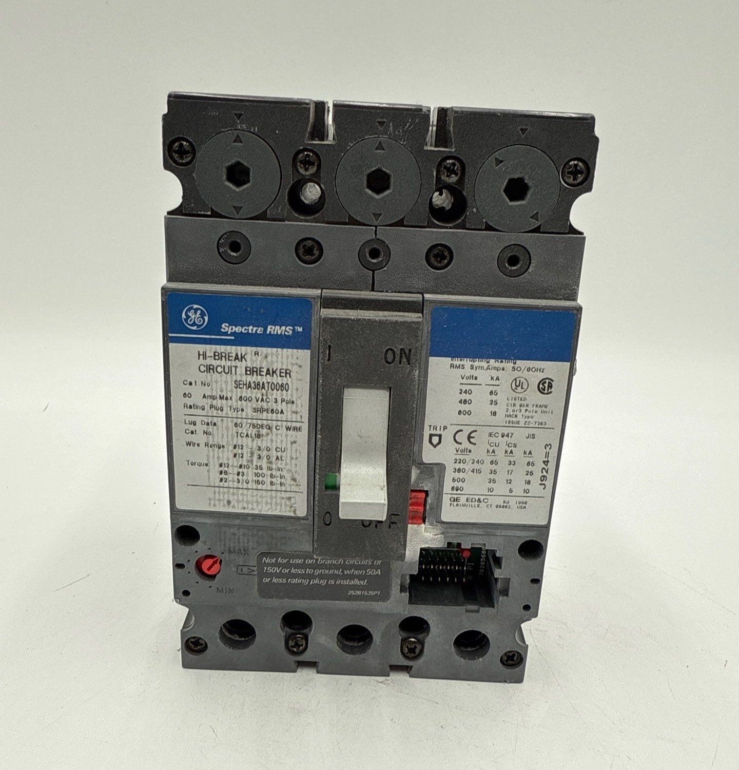 GE SEHA36AT0060 Circuit Breaker Frame 60A 3P 600V SEHA 60 Amp 3 Pole NO PLUG Used