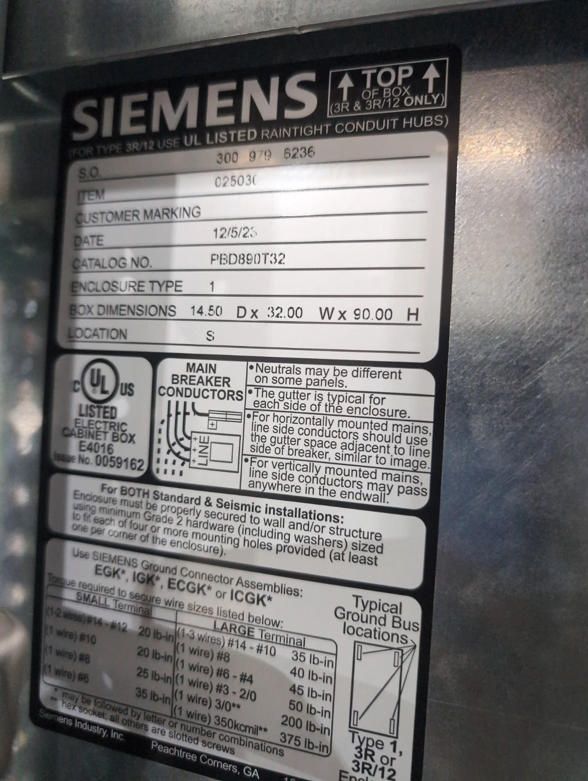 Siemens P5 Panelboard P5E90ML800ATS 800A 480/277V 3PH 4W MLO Panel 800 Amp New