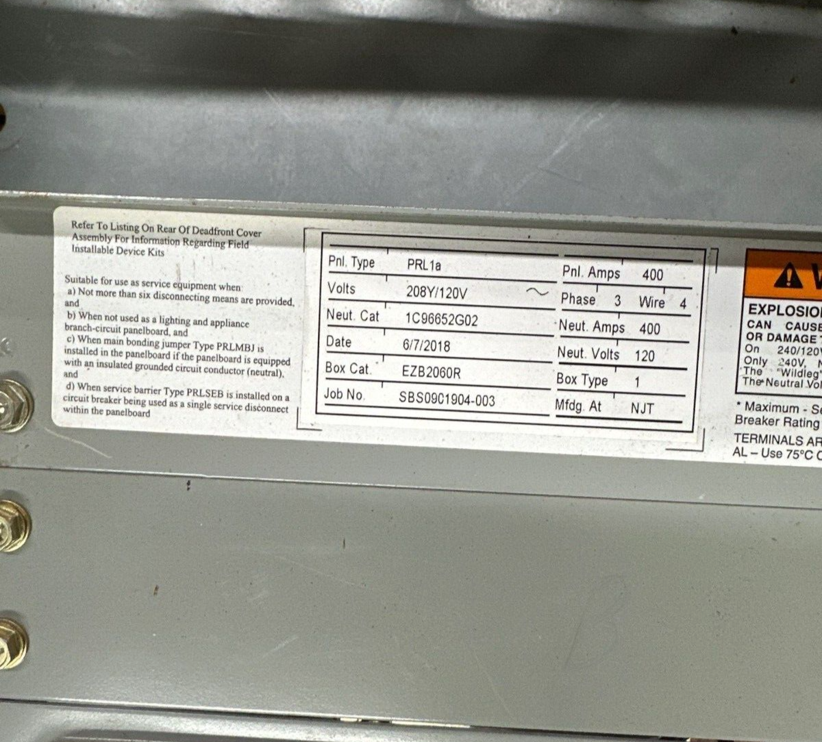 Eaton PRL1A Pow-R-Line Panelboard 400A 208Y/120V 3PH 4W MCB Indoor Encl 42 Cir P087 New
