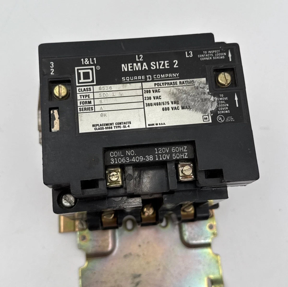 Square D 8536SD01 NEMA Size 2 Contactor Coil 110/120V 3P 600V 3PH 25HP 8536-SDO1 Used