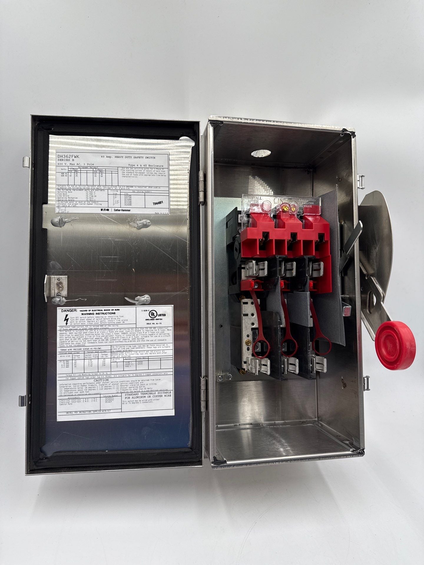 Eaton DH362FWK Safety Disconnect Switch 60A 3P 600V Nema 4 Encl 60 Amp 3 Pole Used