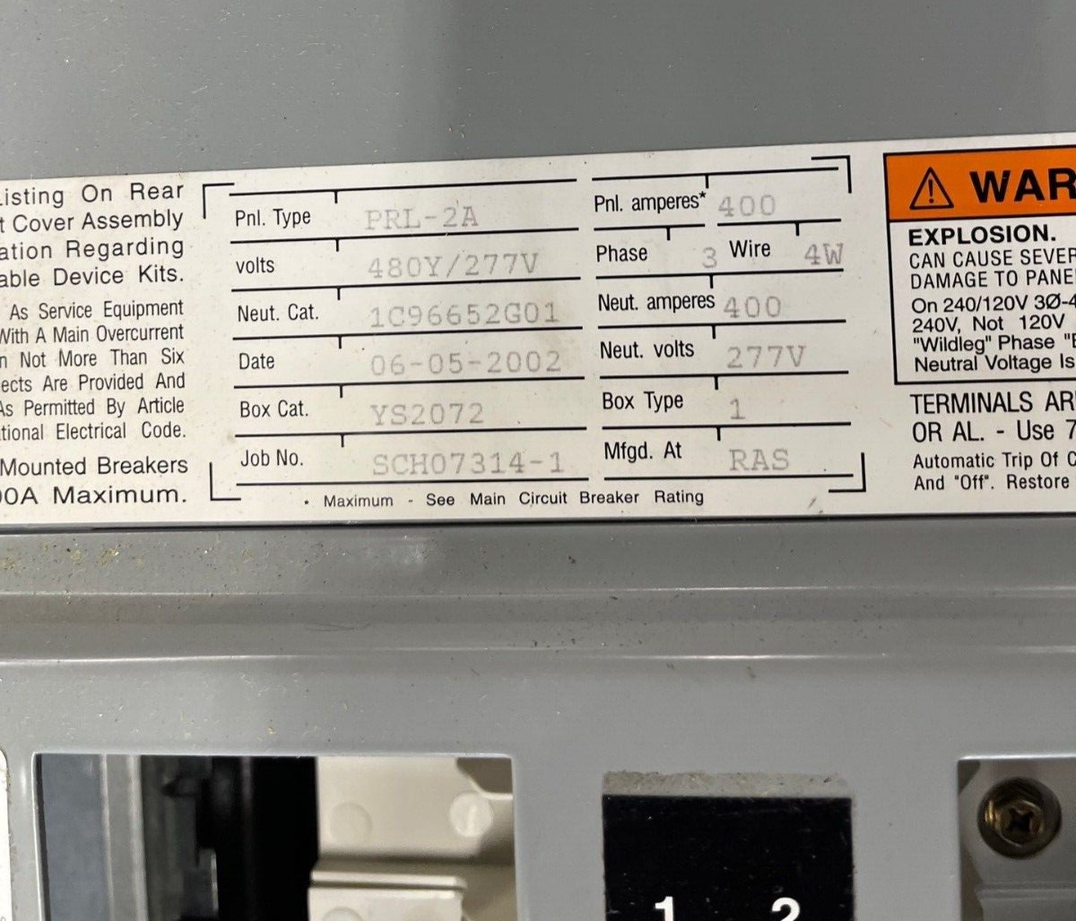 Cutler Hammer PRL2A Panelboard 400A 277/480V 3PH 4W Indoor Encl MLO 42 Circuit P587 Used