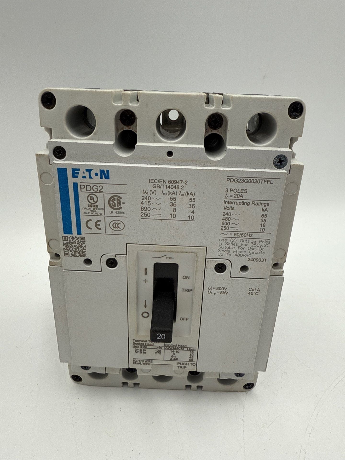 Eaton PDG23G0020TFFL Circuit Breaker 20A 600V 3P Bolt On 20 Amp 3 Pole PDG2 Used