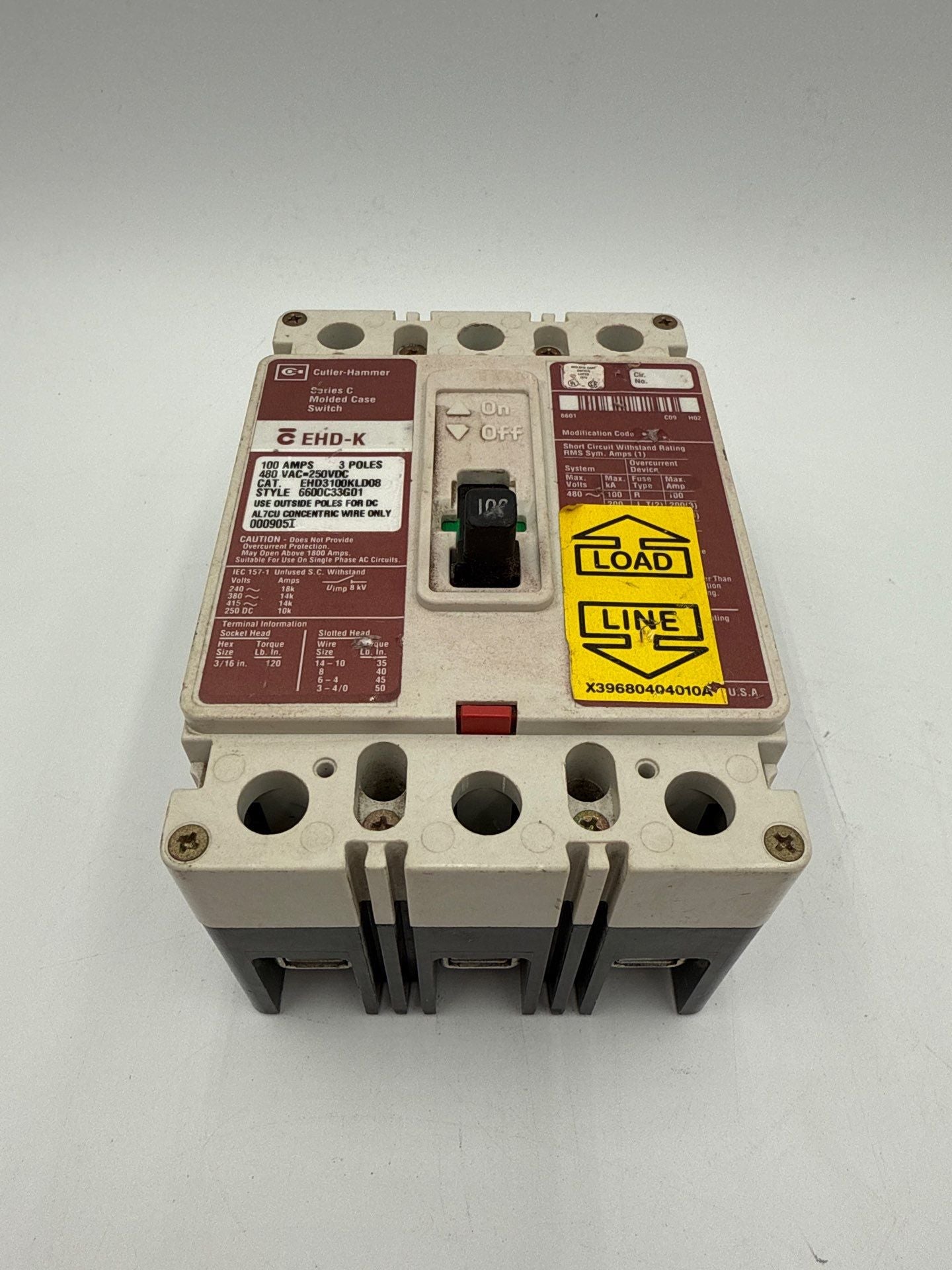 Cutler Hammer EHD3100KLD08 Circuit Breaker 100A 3P 480V EHD-K 100 Amp Used