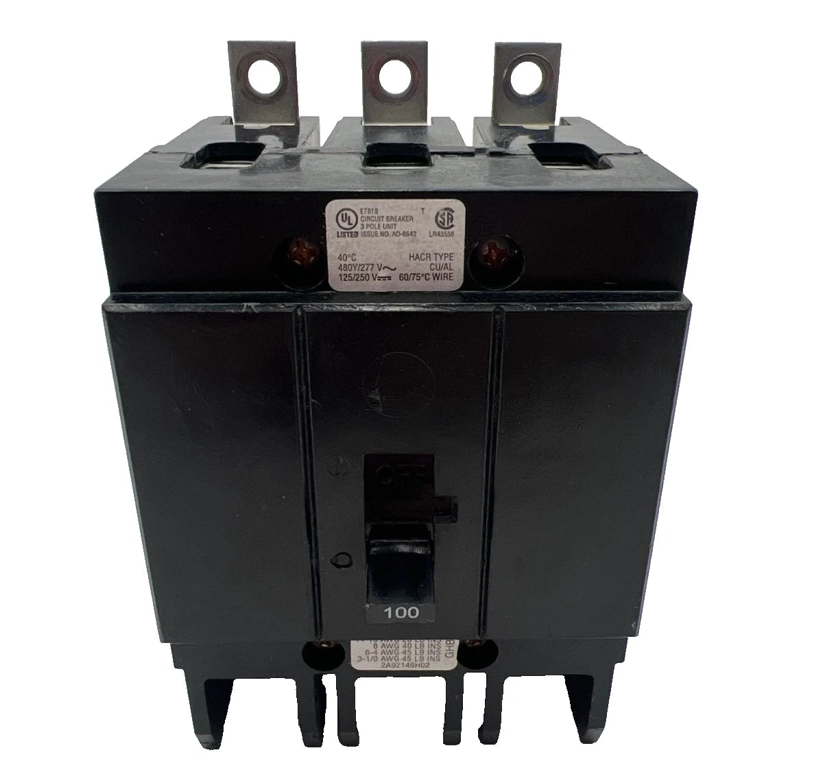 Cutler Hammer GHB3100 Bolt On Circuit Breaker 3 Pole 100 Amp 480v 3P 100A Used