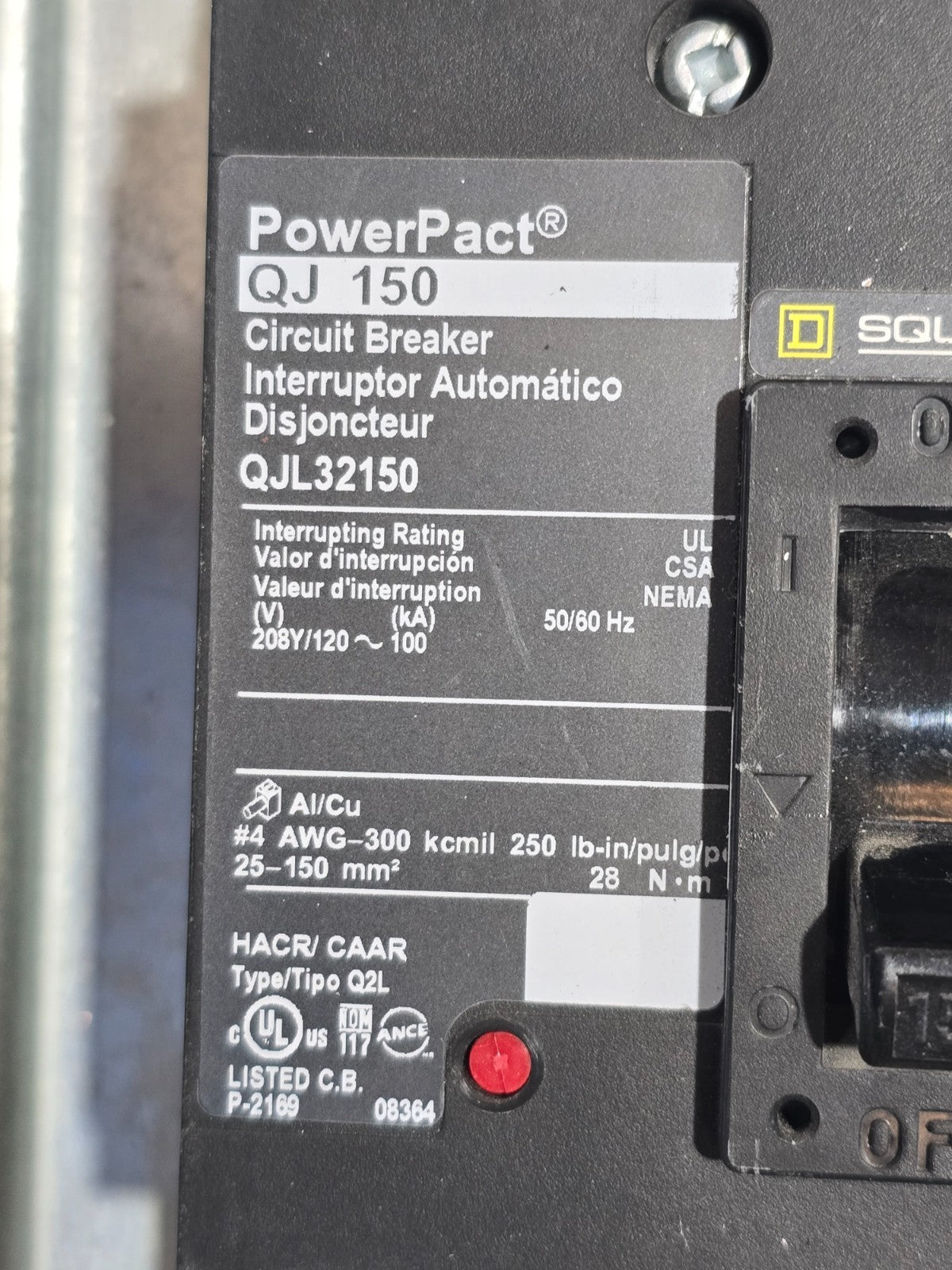 Square D NQ 442L2C Panelboard 225A 240V 3PH 4W 42 Cir MCB Panel Main QJL32150 Used