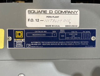 Square D NQOD442L400 Panelboard 400A 3PH 208Y/120V 4W MLO Panel 400 Amp 42 Cir Used