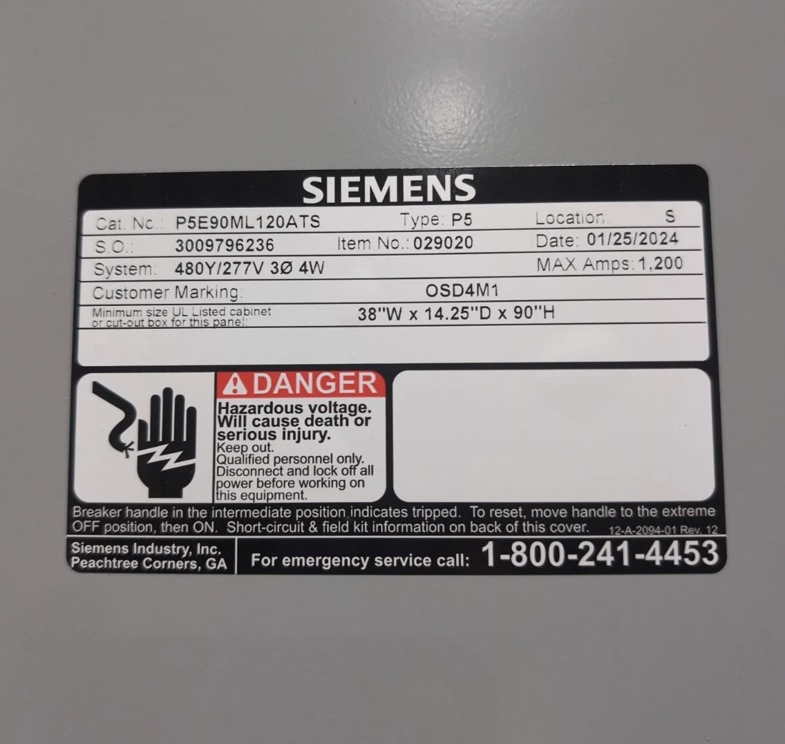 Siemens P5E90ML120ATS P5 Panelboard 1200A 480/277V 3PH 4W MLO Panel 1200 Amp New New