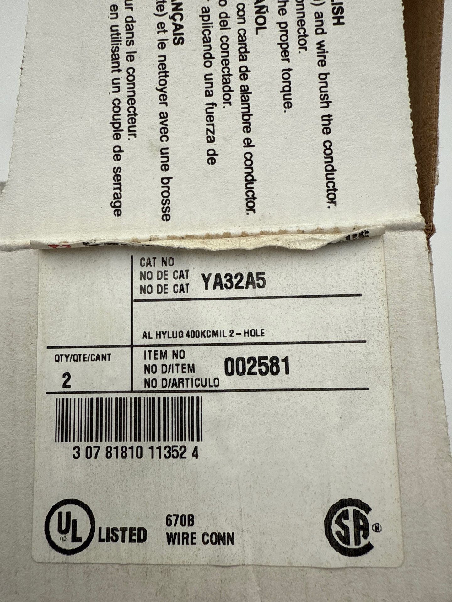 Burndy YA32A5 Compression Terminal Lug AL9CU Die 472 400MCM 2 Hole 400KCMIL New