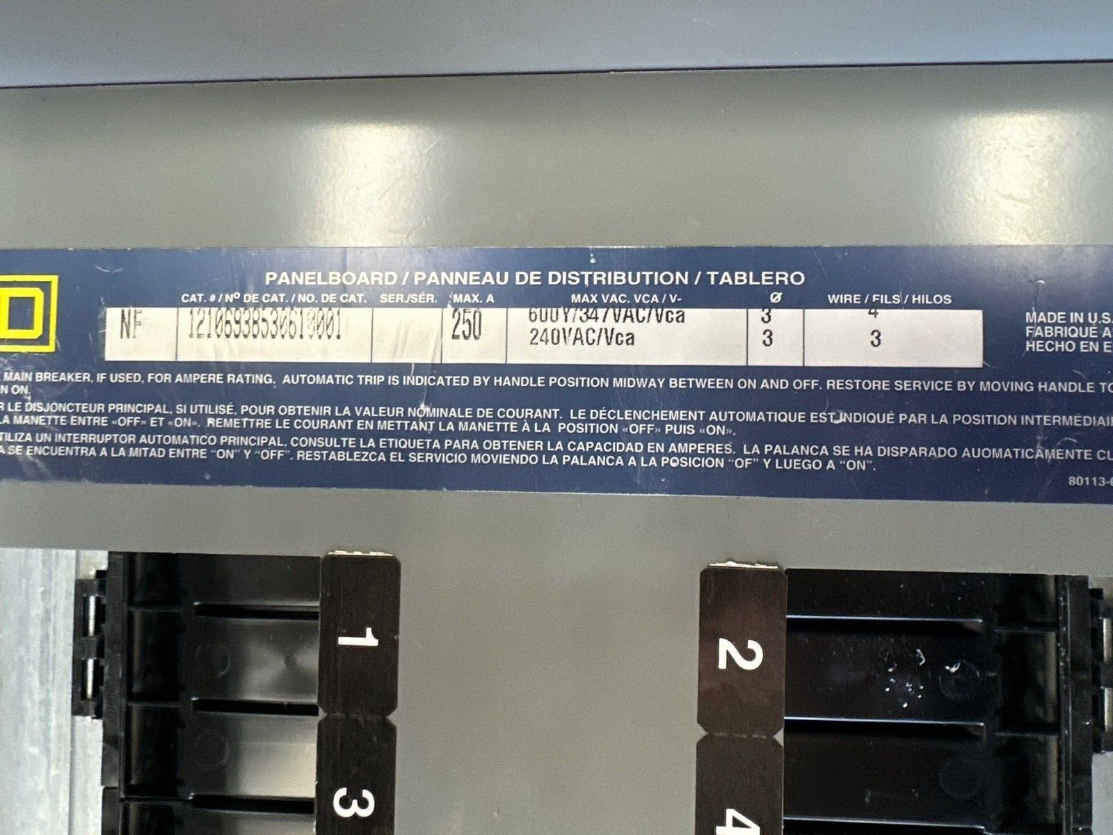 Square D NF Panelboard 250A 600V 3PH 4W MLO 42 Cir Main Lug Indoor 250Amp NEMA 1 P362 Used