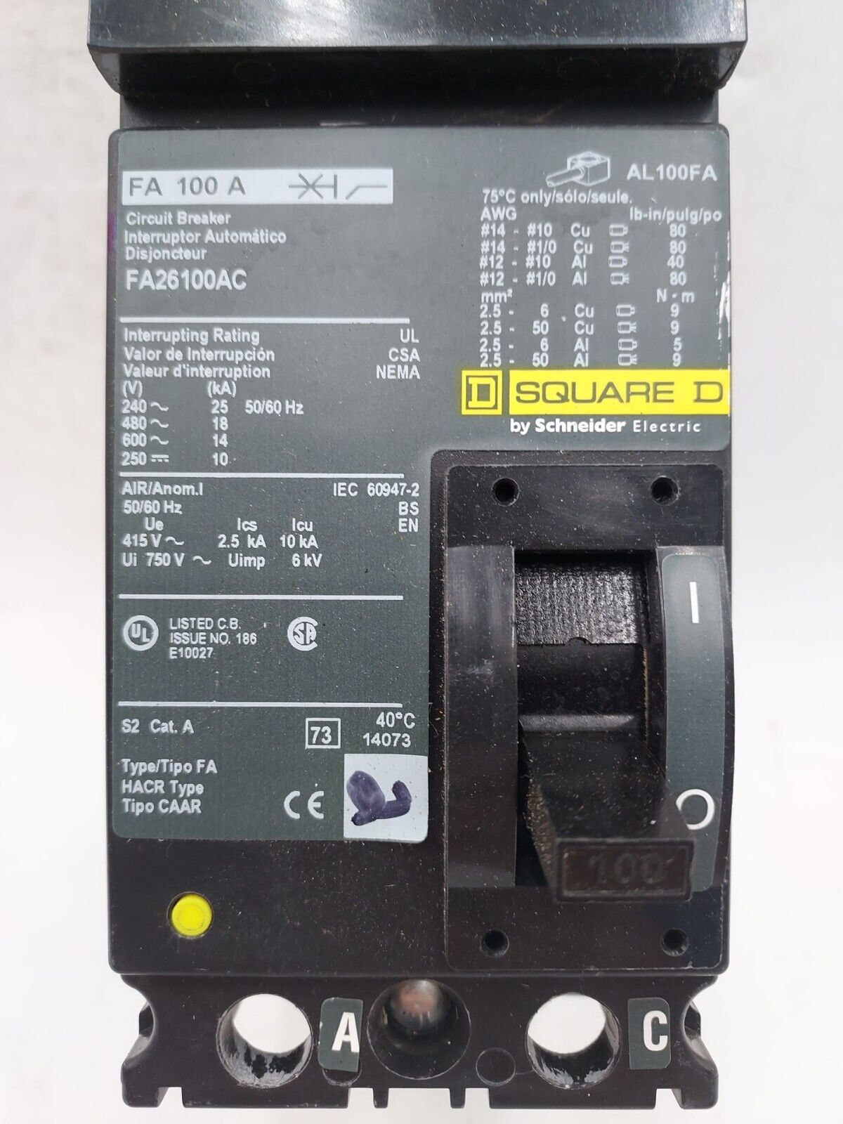 Square D FA26100AC Used
