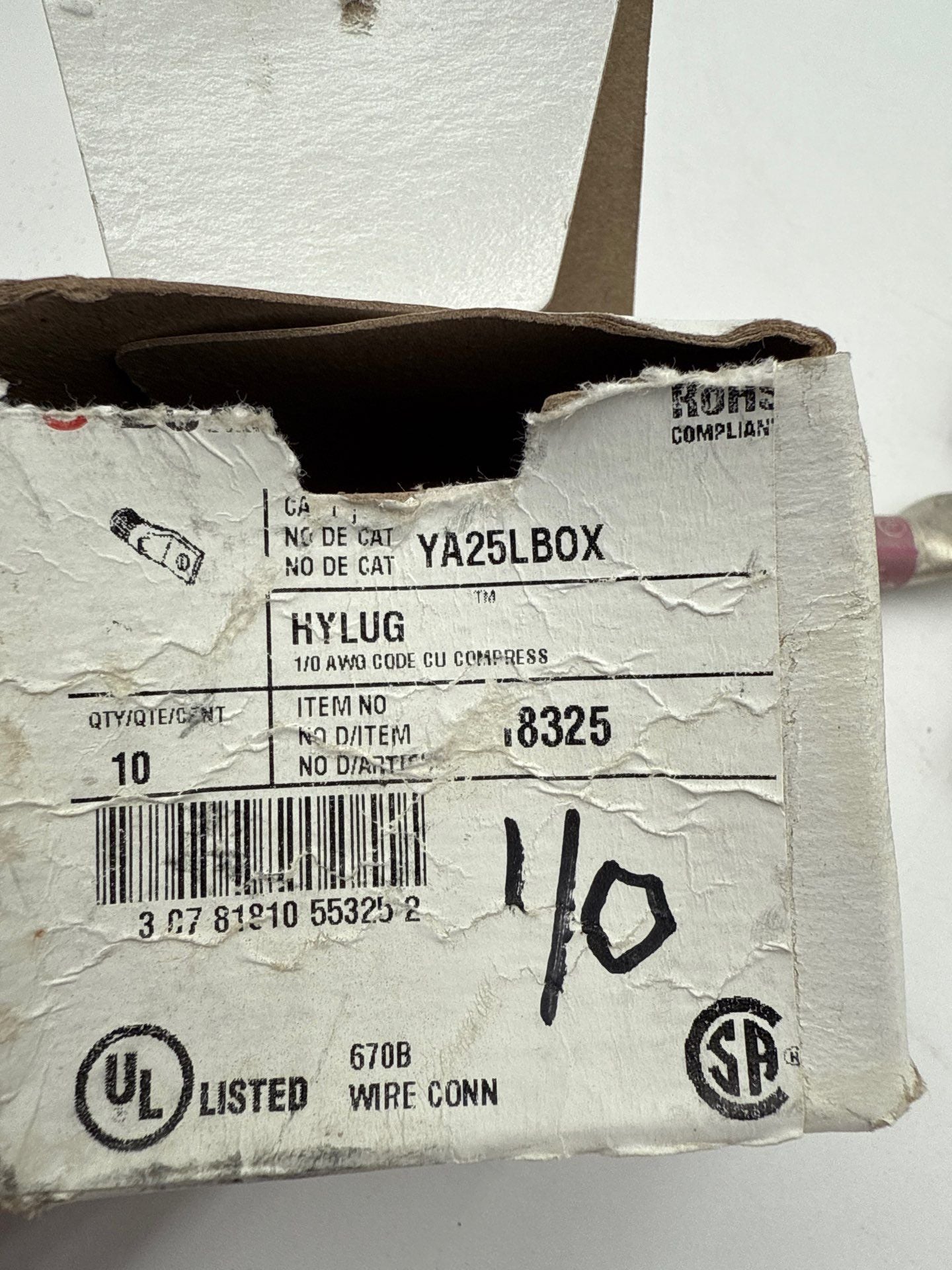 Burndy YA25L4BOX 3/8" Single Hole Compression Lugs 1/0 AWG 10PC New