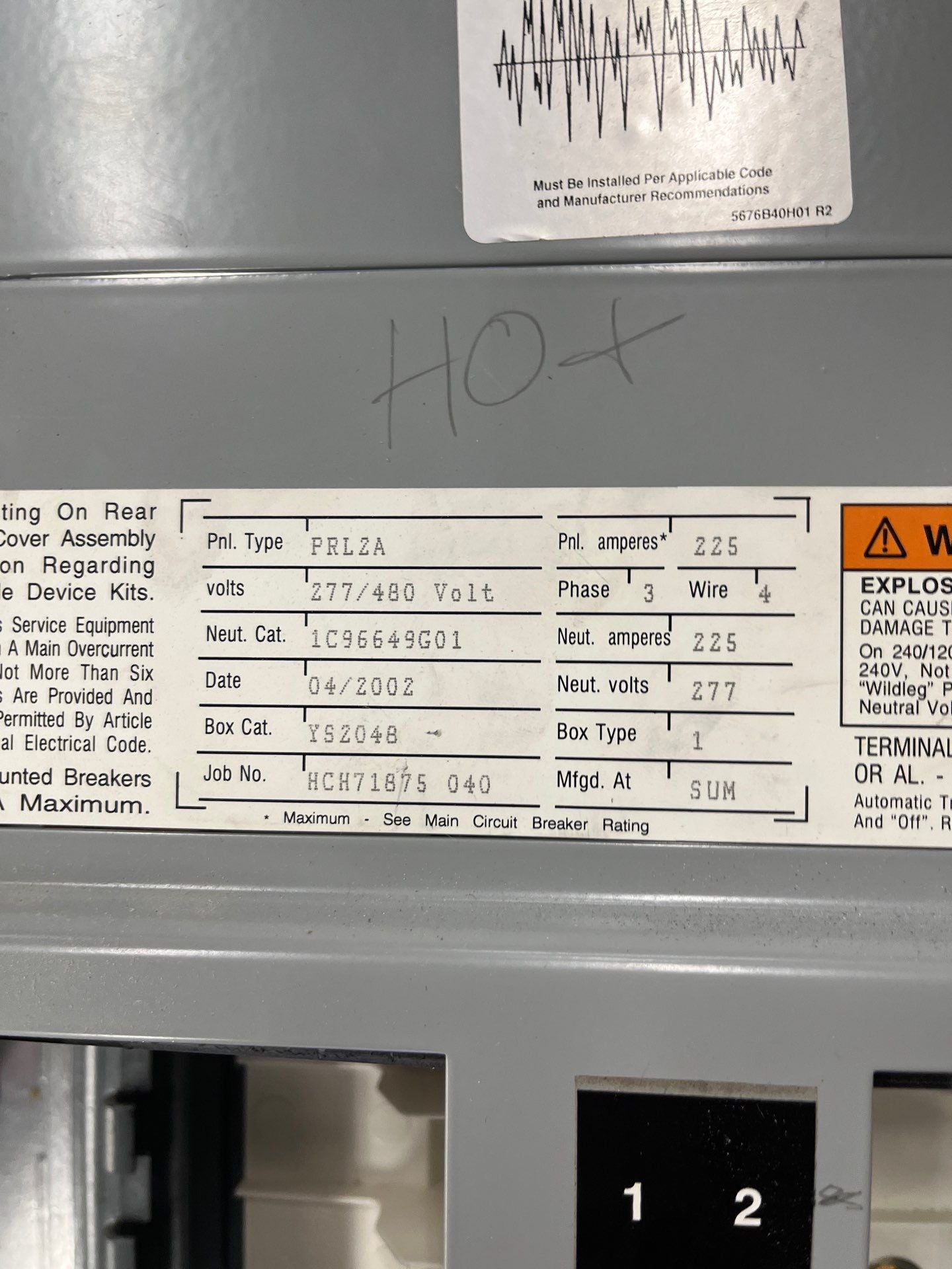 Cutler Hammer PRL2A Panelboard 225/480V 3PH 4W 42 Cir MLO Panel 225 Amp P592 Used