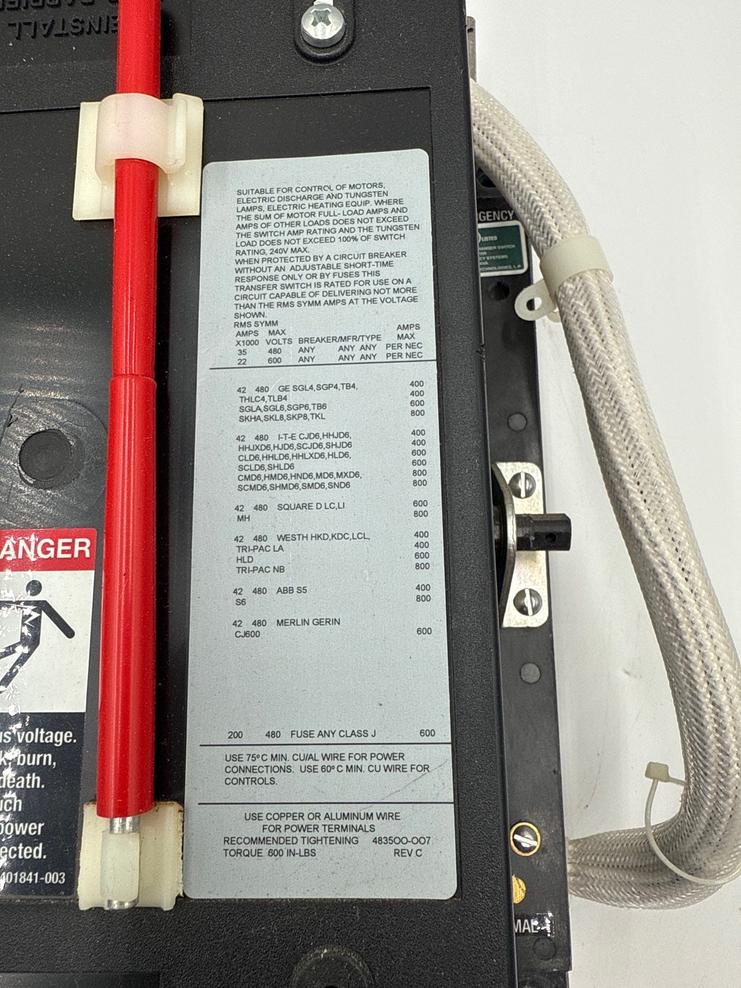 ASCO Series 300 Automatic Transfer Switch 400A 480V 50-60Hz E00300030400N1XC Used