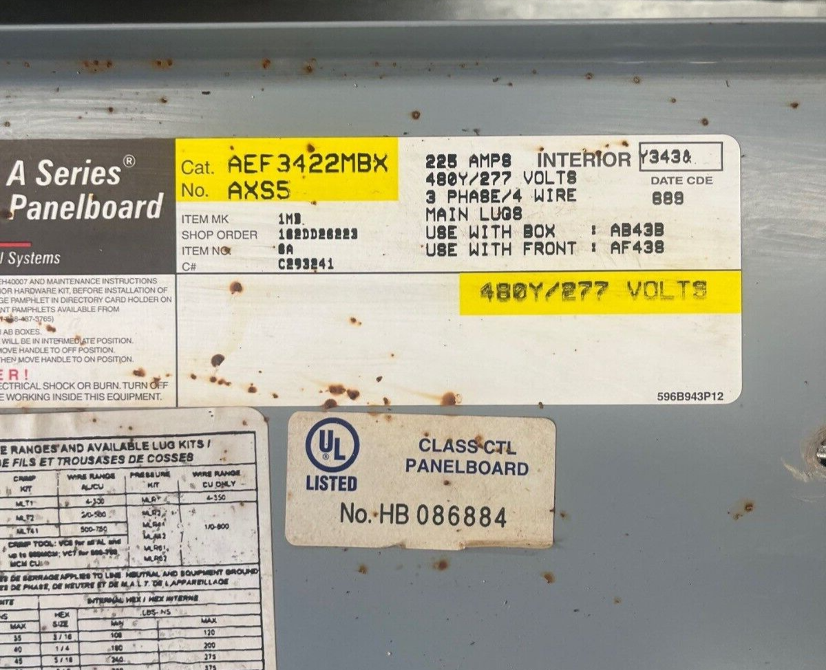 GE AEF3422MBX Panelboard 225A 480/277V 3PH 4W 42 Circuit Indoor Encl AB43B MLO P602 Used