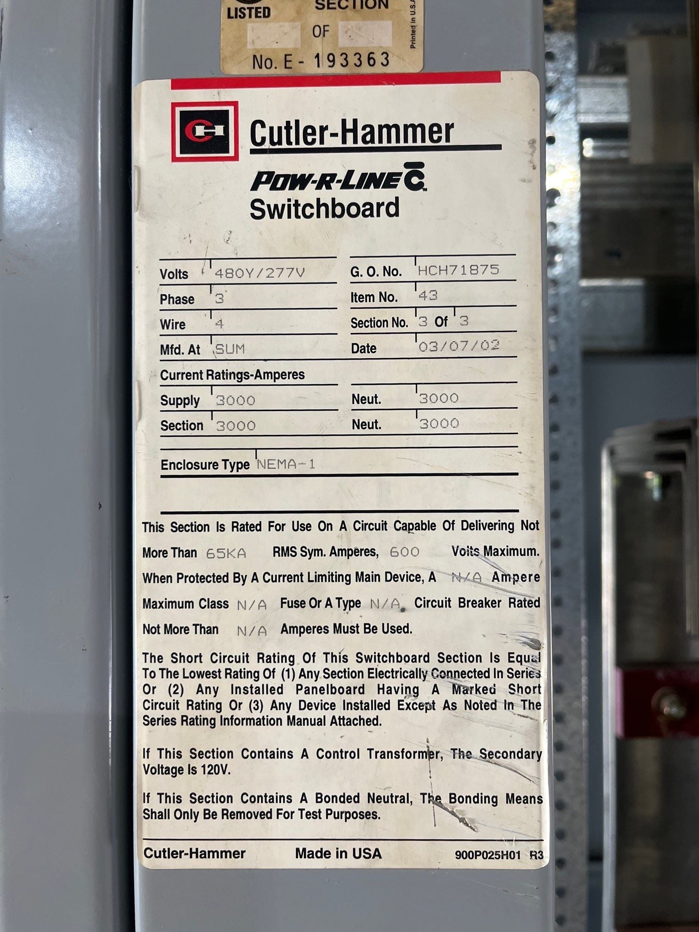 Cutler Hammer PRLC Switchboard Distribution 3000A 480/277V 3PH 4W 3000 Amp MLO Used