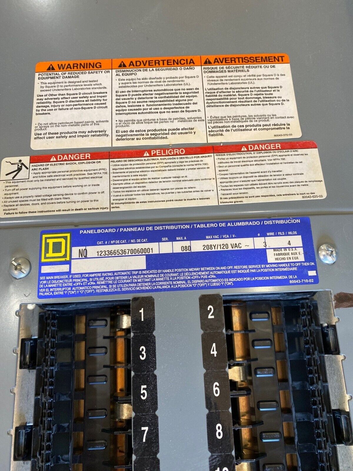 Square D NQ Panelboard 80A 208Y/120V 3PH 4W 42 Circuit Indoor Encl MCB QBL32080 P647 Used
