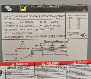 30kVA Square D 30T3H Sorgel Transformer 3PH Pri 480V Sec 208/120V Indoor T269 Used