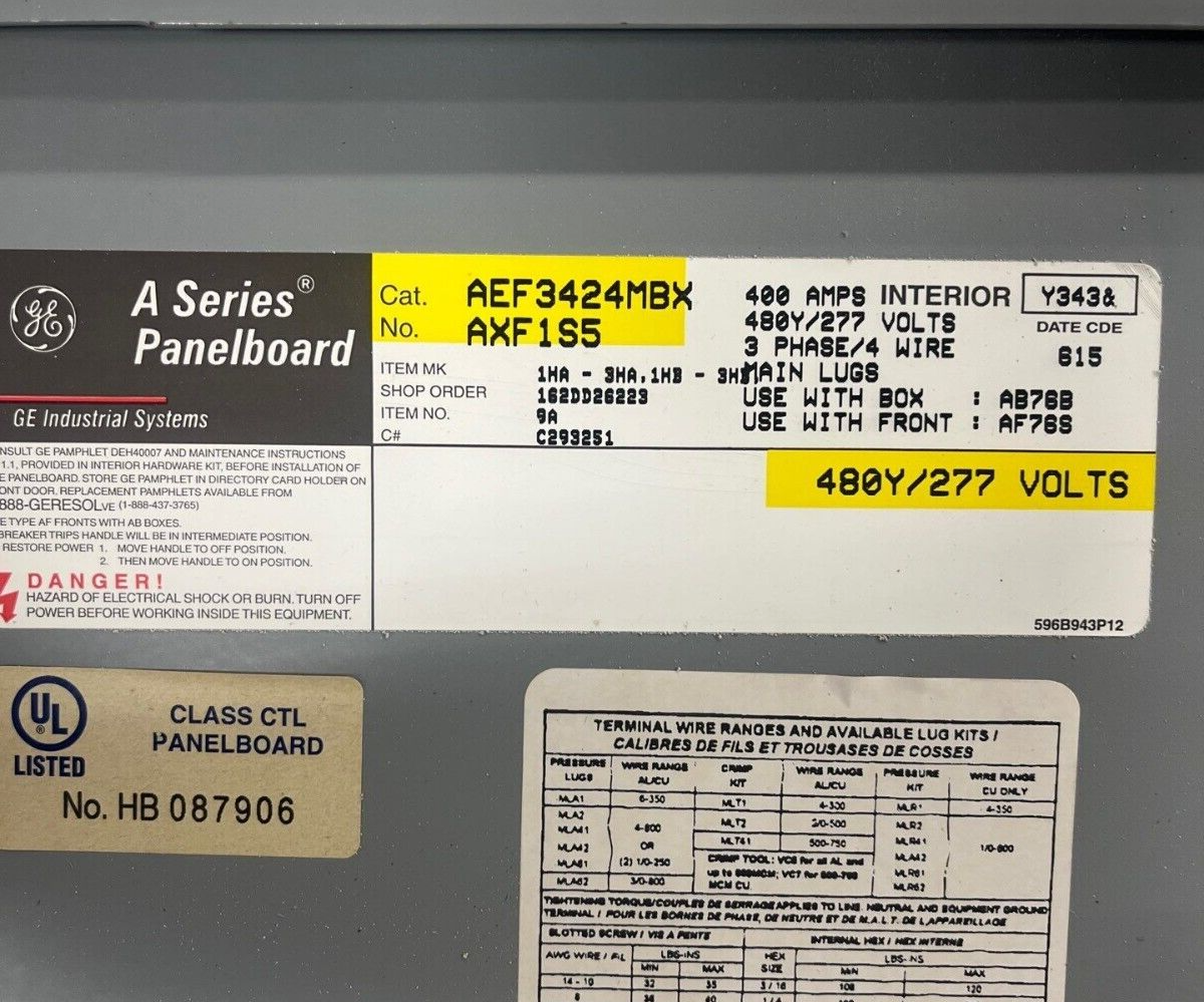 GE AEF3424MBX Panelboard 400A 480/277V 3PH 4W Indoor Encl 42Cir MLO SFHA36AT0250 P573 Used