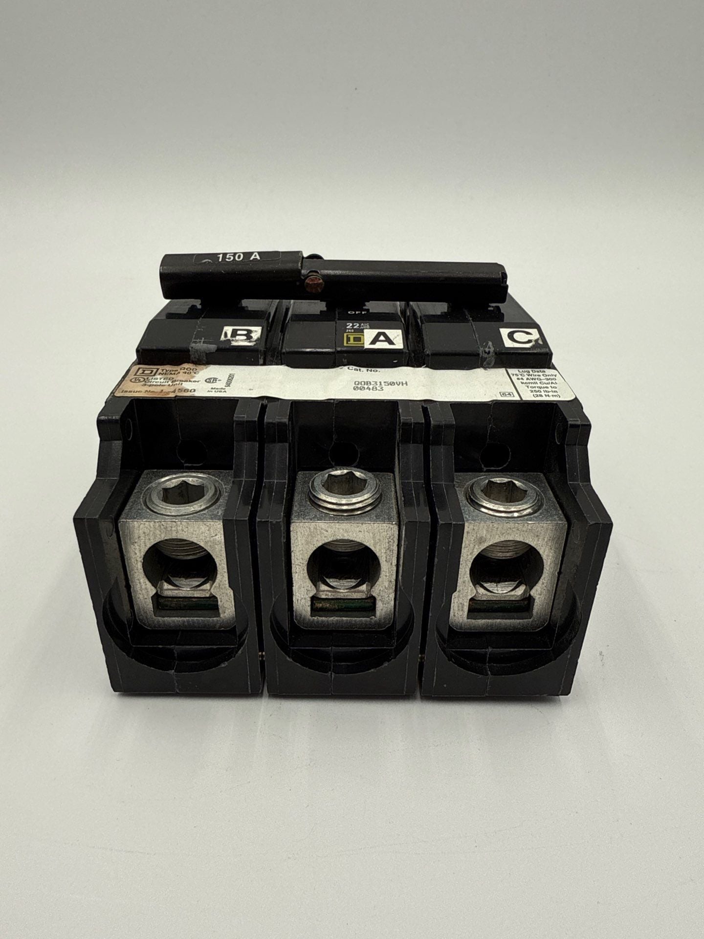 Square D QOB3150VH Bolt On Circuit Breaker 150A 3P 240V 22kA QOB 150 Amp Used