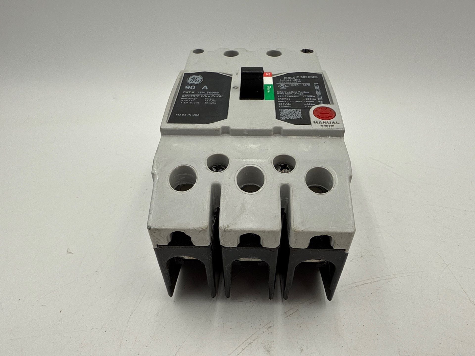 GE TEYL3090B Circuit Breaker 90A 3P 480/277V 3PH TEYL 90 Amp 3 Pole Bolt On Used