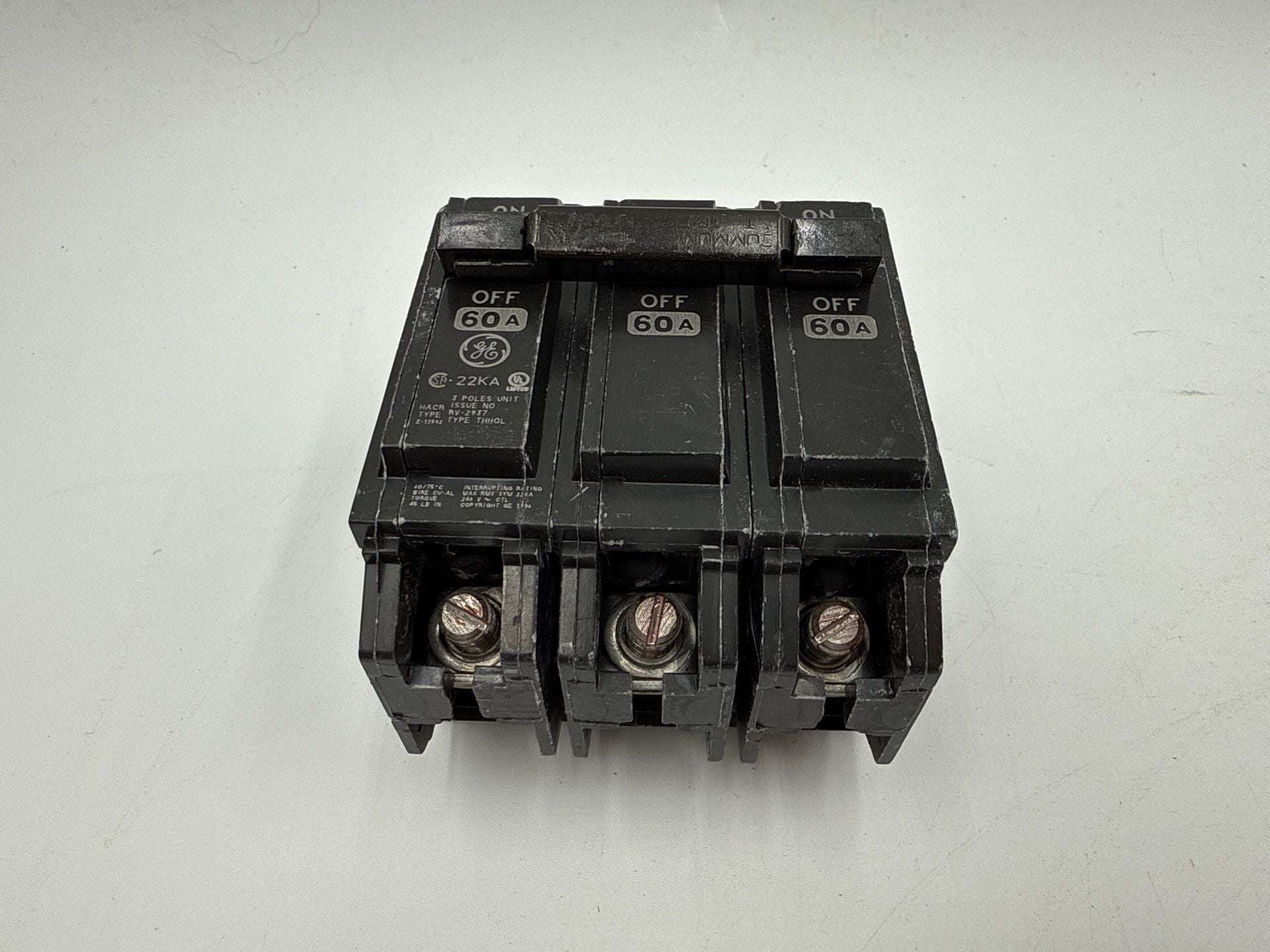 GE THHQL32060 Plug On Circuit Breaker 60A 3P 240V THHQL 22kA 60 Amp 3 Pole Used