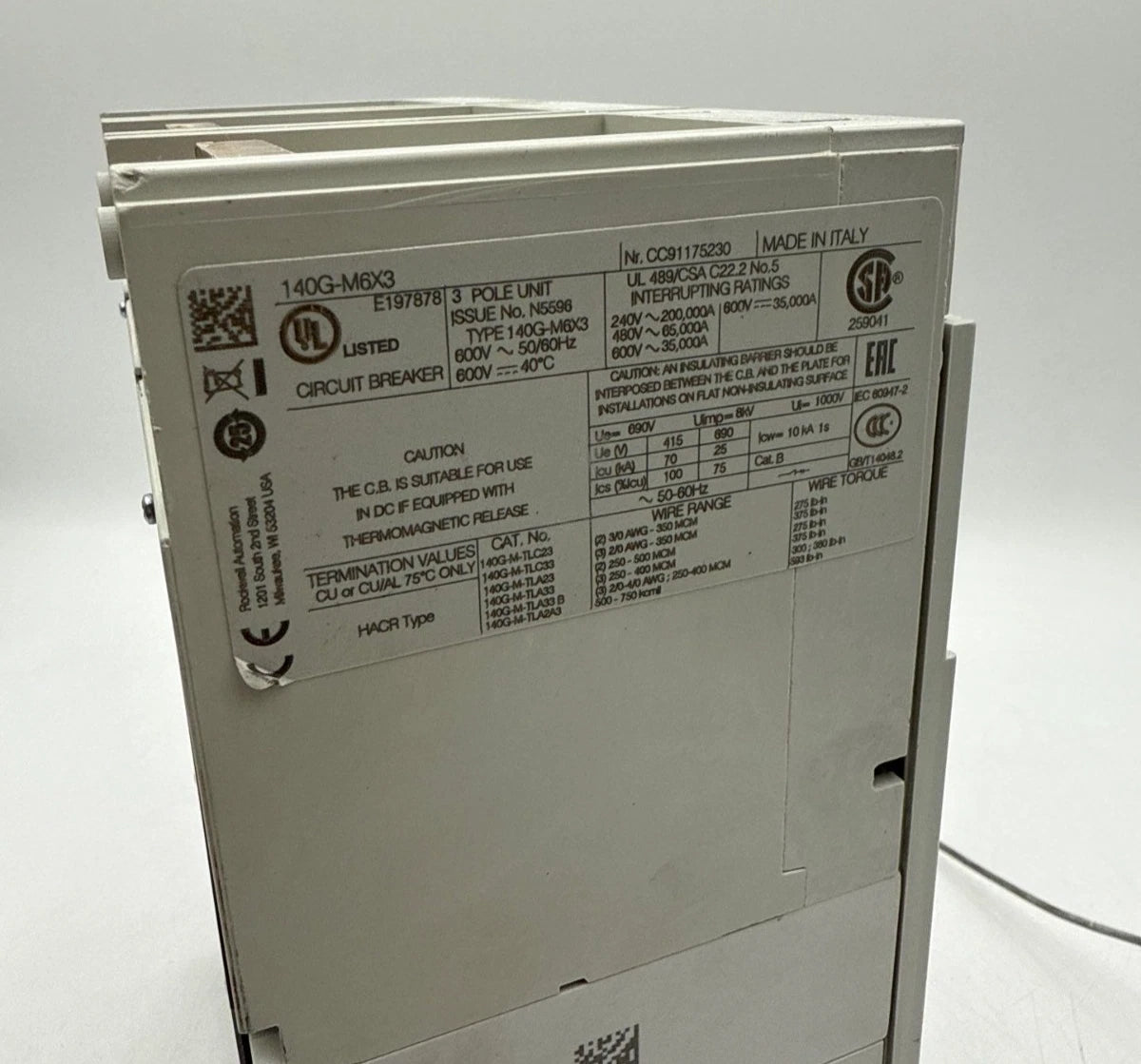 Allen Bradley 140G-M6X3 Circuit Breaker 600A 3P 600V 3PH LSIG Trip 600 Amp Used