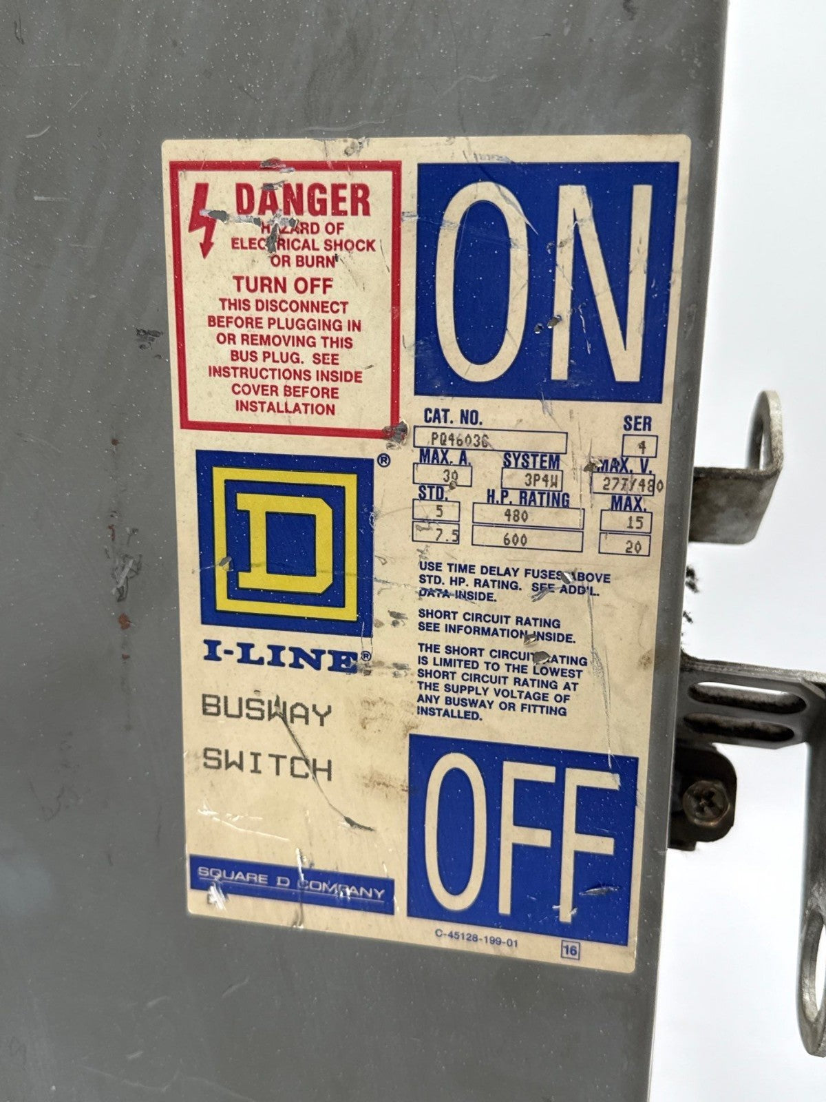 Square D PQ4603G Busplug I-Line Busway Unit Switch 30A 3PH 277/480V 4W 30 Amp Used