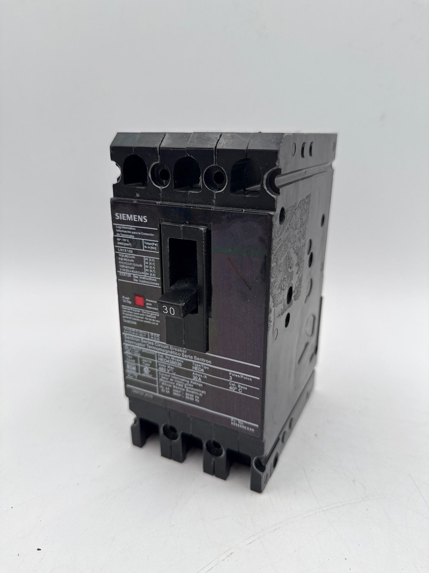 Siemens HED43B030 Circuit Breaker 30A 3P 480V 3PH 30 Amp 3 Pole HED4 Bolt On Used