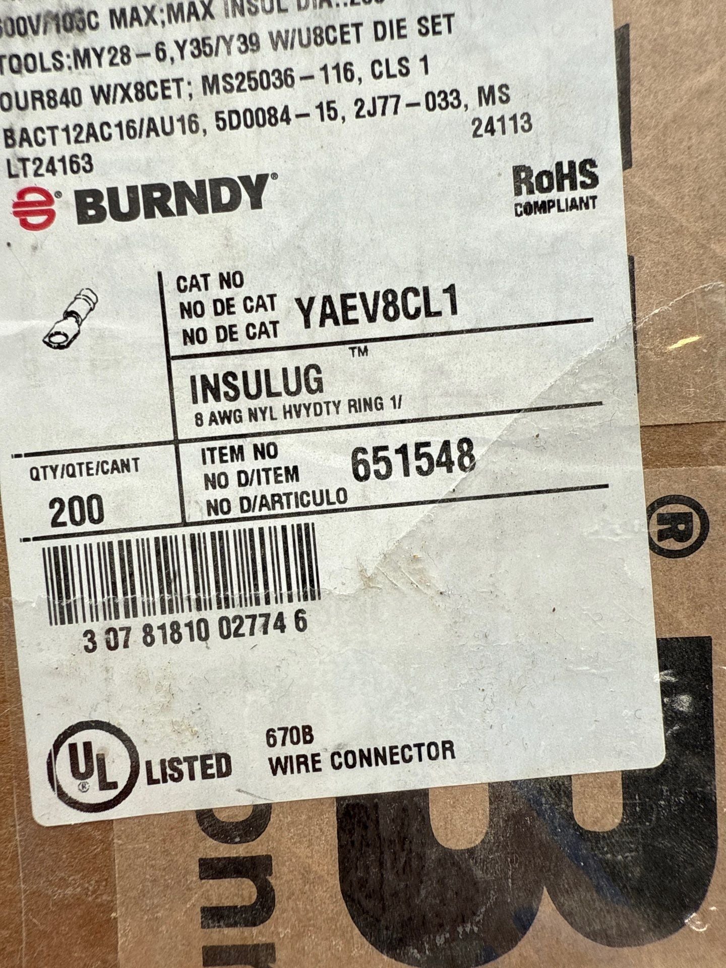 Burndy YAEV8CL1 Terminal Ring INSULUG 8AWG Heavy Duty Nylon 10 1/4 Stud New