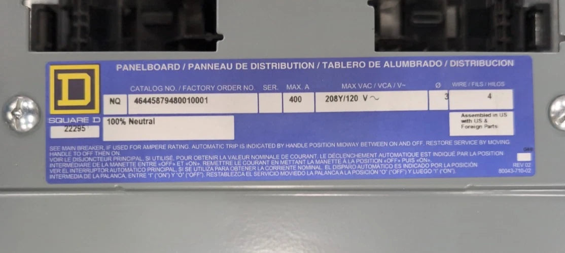 Square D NQ Panelboard 400A 208/120V 3PH 4W Type 1 Encl 400 Amp MCB Panel 42 Cir New