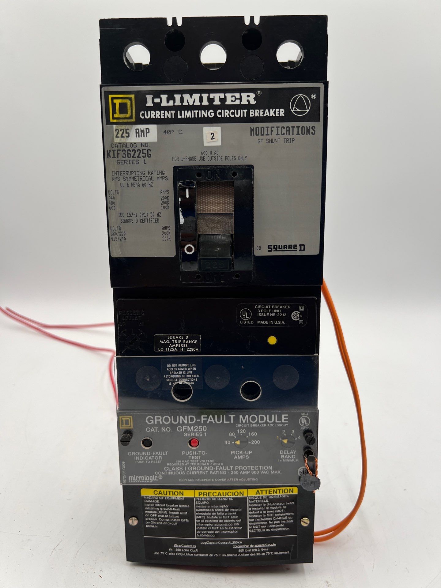 SQD KIF36225G Circuit Breaker 225A 600V 3P 225 Amp Ground Fault GFM250 Used