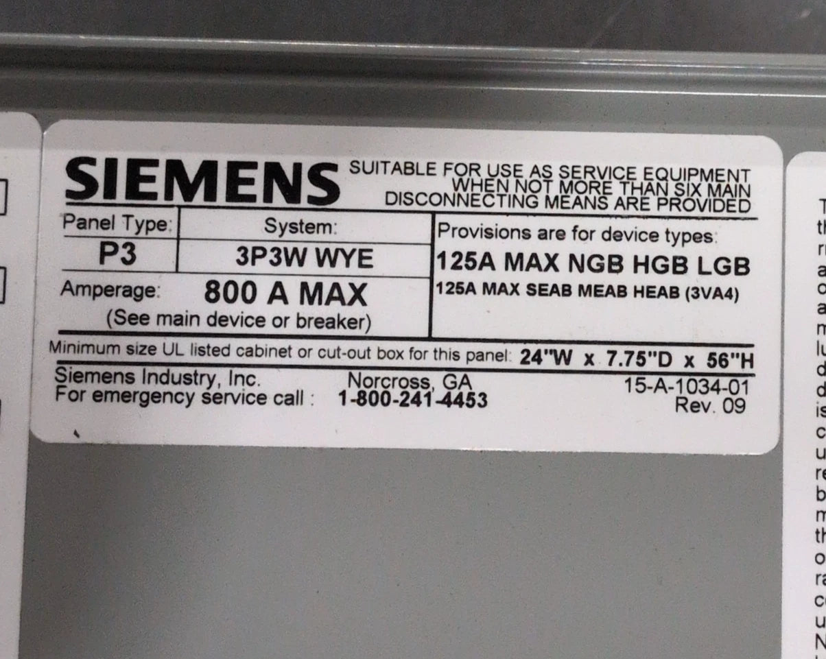 Siemens P3 Panelboard 800A 480V 3P 3W P3X56ML800ATS MLO Panel 800 Amp New