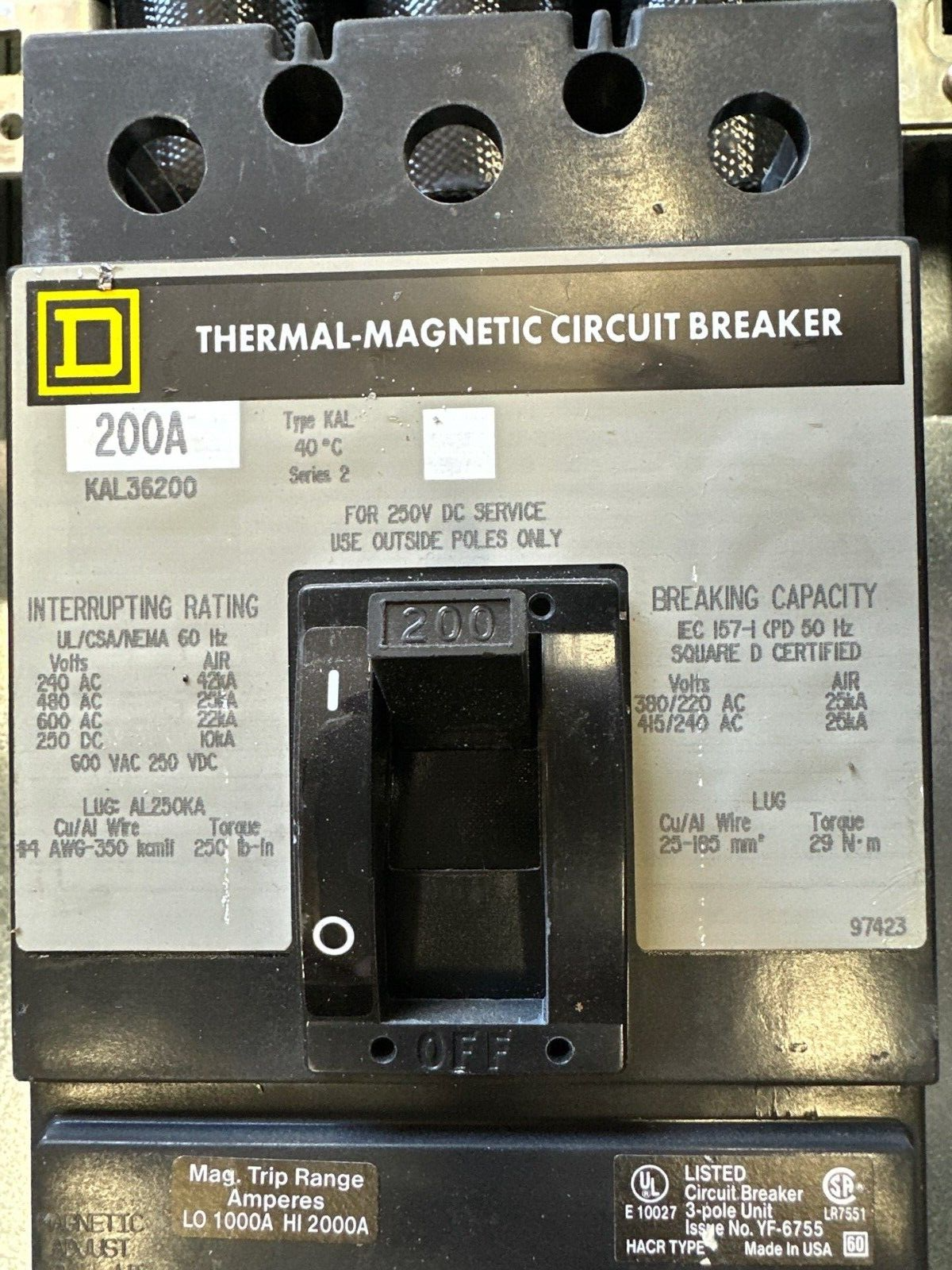 Square D NF Panelboard 250A 600V 3PH 3W 42 Circuit Indoor Encl MCB KAL36200 Main P004 Used